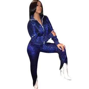 2019 Дамски комплекти, нов модерен спортен костюм от две части, със сини искри, топ и панталон, модерен костюм с цип, комплект от 2 теми с пайети