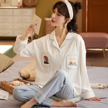 Висококачествен Памучен Дамски пижами, Пролетен Дамски Пижами в корейски стил, върхове за сън, панталони, бельо, ropa de mujer, 2021, Директна доставка
