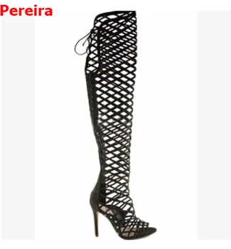Нови мрежести дамски сандали, обувки, чанти окото отворени обувки с рибено уста, на висок ток, по-големи размери, дантела, с остри пръсти, модни модели подиумные