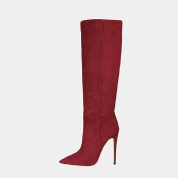 Botas/зимни Модни дамски обувки за Подиум, Елегантна бордовая замшевая обувки на висок ток с остър пръсти, ботуши до коляното на висок ток 44 45 47