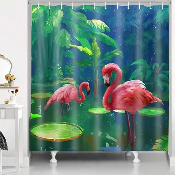Завеса за душ с фламинго, Фламинго, които Играят в езерото, Зелени Тропически Растения, Завеси за баня, Водоустойчиви, с Куки, декор за баня