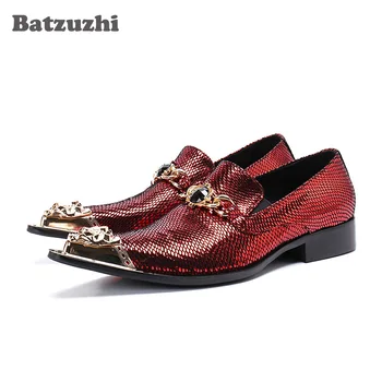 Batzuzhi/ мъжки модел обувки италиански тип, бели кожени обувки, мъжки zapatos de hombre с остър Железен Пръсти, вино-червено Сватбени мъжки обувки