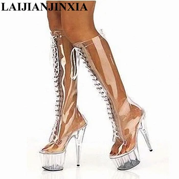 LAIJIANJINXIA/Нови пикантен дамски ботуши от прозрачен PVC, прозрачни ботуши до коляното дантела на висок ток 15 см., обувки на платформа с шипове