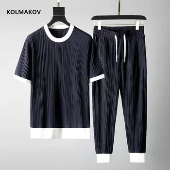 Лято (риза + панталон 2023, ново записване, мъжки модни класическа риза, мъжки ежедневни тениски, мъжки комплект дрехи, размер M-4XL, 4 цвята