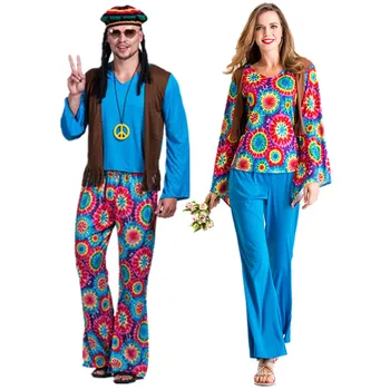 Двойки, реколта хипи cosplay костюми набор от Хелоуин карнавал Пурим Парти-Ретро 60-те години на 70-те години хипи обичат тишината тоалети, Мъже, Жени