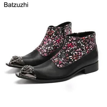 Batzuzhi/ модни мъжки ботильоны от естествена кожа с остър метален пръсти, с цип, в Черен Цвят, кожени Мотоциклетни/Вечерни Обувки