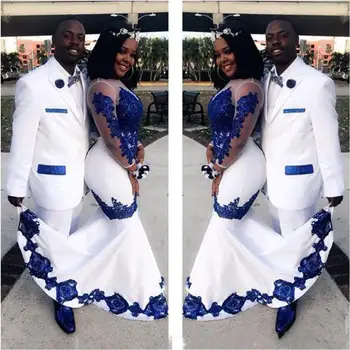 Модно Африкански Сватбена Рокля По Поръчка vestido de новия Meermaid Кралския Син Цвят С Апликации Сватбени Рокли