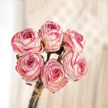 Моделиране На 6 Глави Печено Страна Рози От Изкуствени Цветя, Украса На Дома На Масата Букет Фалшиви Цветя Рози