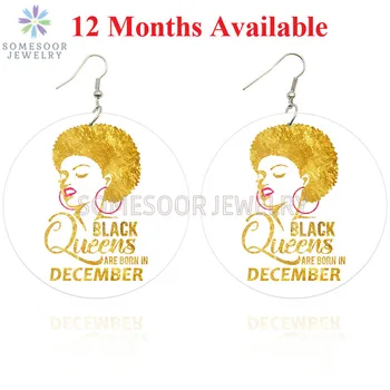 SOMESOOR Печатни 12 Месеца на Раждане Черната Кралица на Дървени Висящи Обеци Афро Златни естествена Коса Художествени Дизайни на Бижута За Жени Подаръци