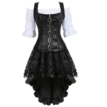 корсетное рокля, пола, 3 бр. кожени бюстиета корсет steampunk пиратски бельо корсетто нередовен бурлеска плюс размер черен