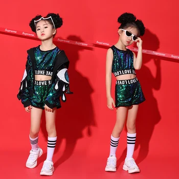 Нов Танцов костюм в стил хип-хоп с пайети За Малки момиченца, Дрехи за джаз, хип-хоп и улични танци, Детски Дрехи за изпълнения на сцената, Дрехи 110-160 см