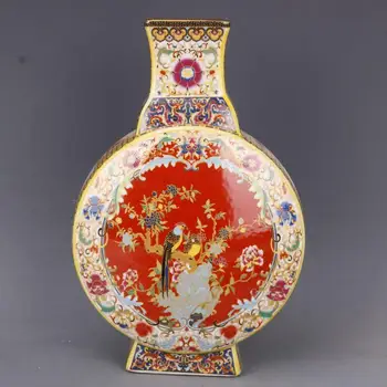 Китайски Червен Емайл Порцелан Птица Цветя Кръгла Ваза 10.2 инча Декорация на Дома Украса